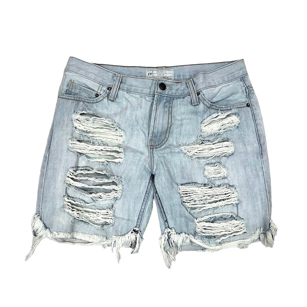 Free People Shredded Distressed Light Bleach Wash Baggy Bermuda Jean Shorts